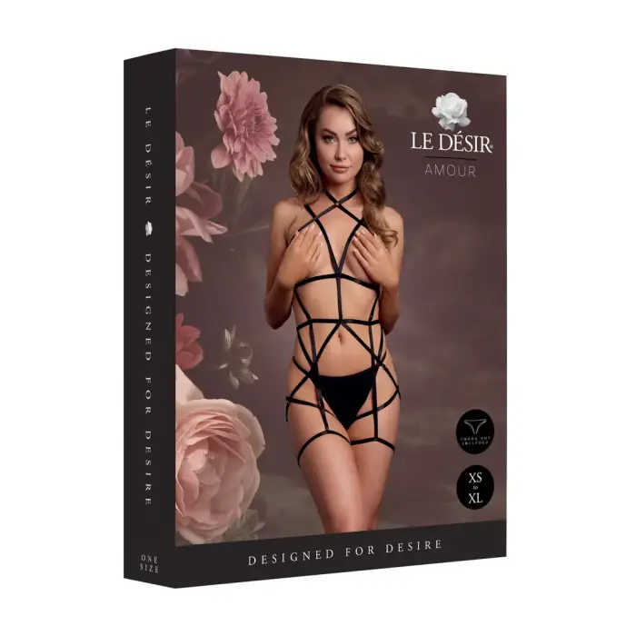 Strappy Open Cup Body Harness with Garters – One Size – Black