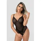 Christine Monroe – tīkliņveida korsete ar mežģīņu apdari – augstu grieztu kājas linija, atvērta starpe un muguras izgriez – melns – S/M — Foto 1