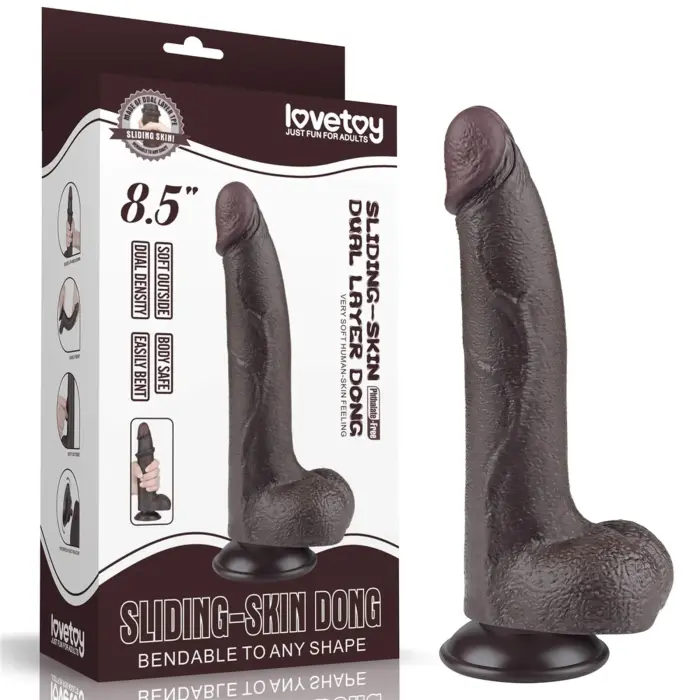LoveToy Sliding Skin Dual Layer Dong – реалистичный двухслойный фаллоимитатор – TPE – чёрный – 21,6 см