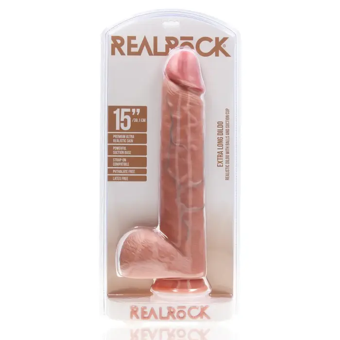 Īpaši liels taisns dildo ar sēkliniekiem – 38 cm (15″) – Miesas krāsa