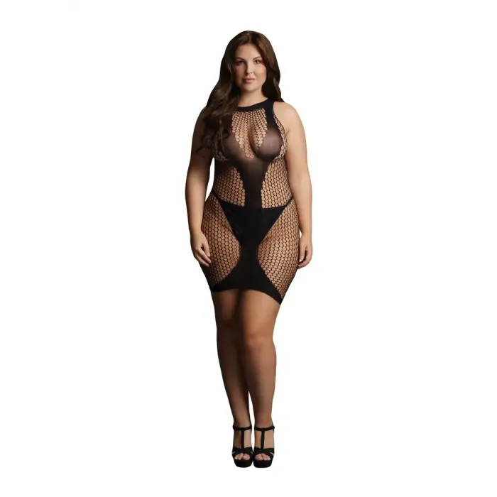 Augsts kakla izgriezums, tīkliņa kontrasta mini kleita – Plus size Foto 8