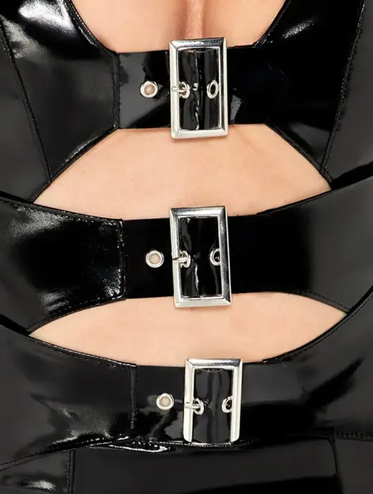 Juoda vinilinė suknelė su sagtimis – S Photo