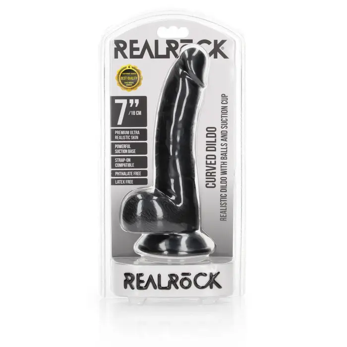 Izliekts reālistisks dildo ar sēkliniekiem un piesūcekni – 18 cm (7″) – Melns