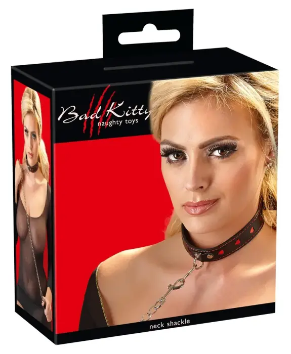 Bad Kitty Faux Leather Collar with Leash – Black/Red