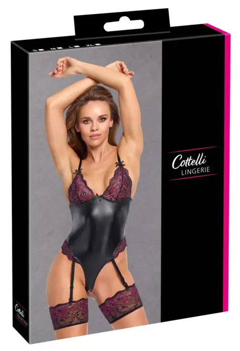 Cottelli LINGERIE Bodysuit with Garters – Black/Pink – XL