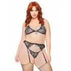 Plus Lace Bra Top, String and Garter Belt – Black – 1X/2X — Photo 1