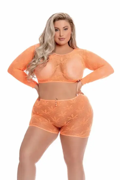 Leaf It To Me – long-sleeve net crop top and shorts set with hemp leaf embroidery – orange – plus size