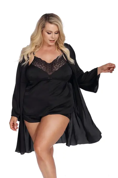 LAURA Black Satin Robe with Decorative Elastic Sleeves – XXL+ Photo