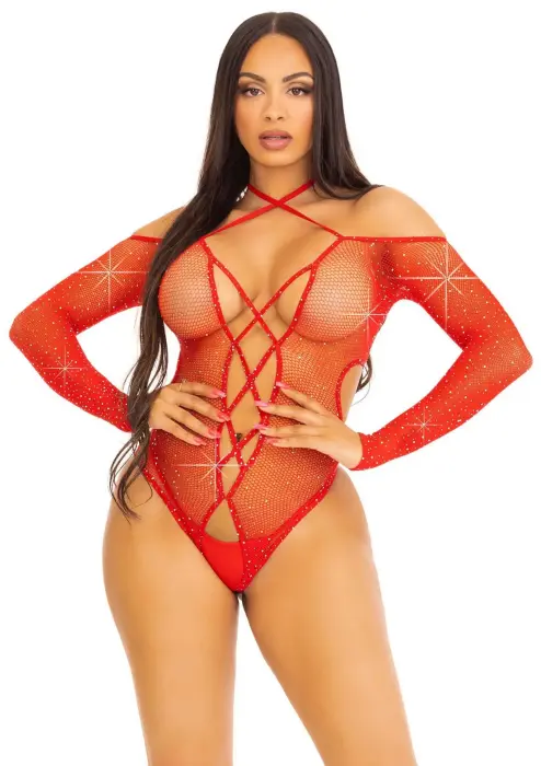 Crotchless Fishnet Teddy with Lace-Up Detail – Red – One Size