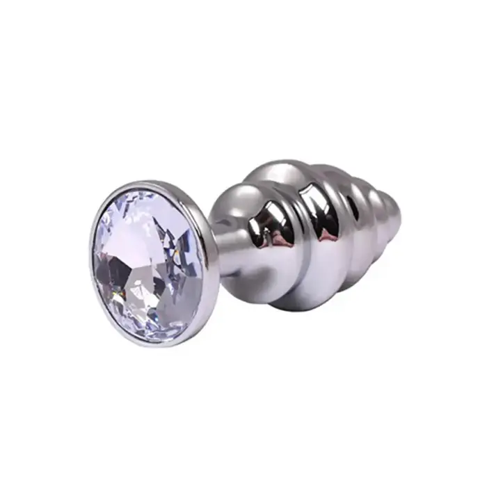 Silver Ribbed Butt Plug with White Crystal – M