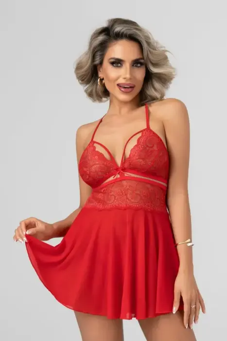 Christine Pandora Babydoll Red - Elegant Lace Nightwear, Size Adjustable