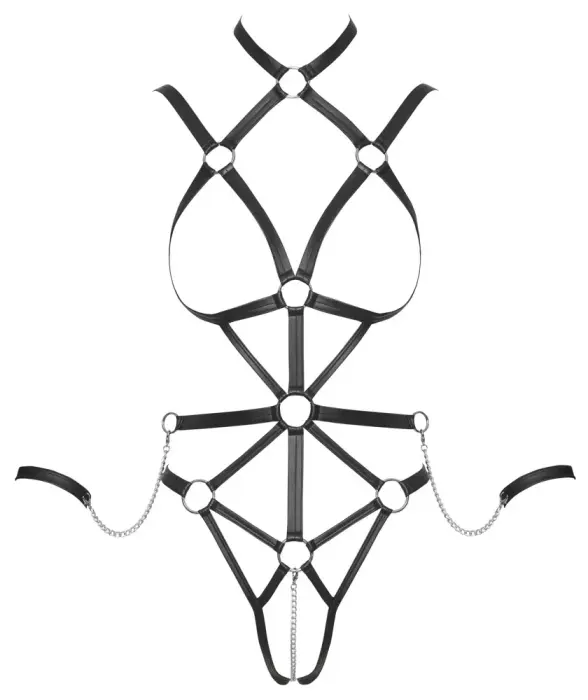 Bad Kitty Caged Harness Bodysuit with Detachable Chain and Cuffs – Black – L Photo