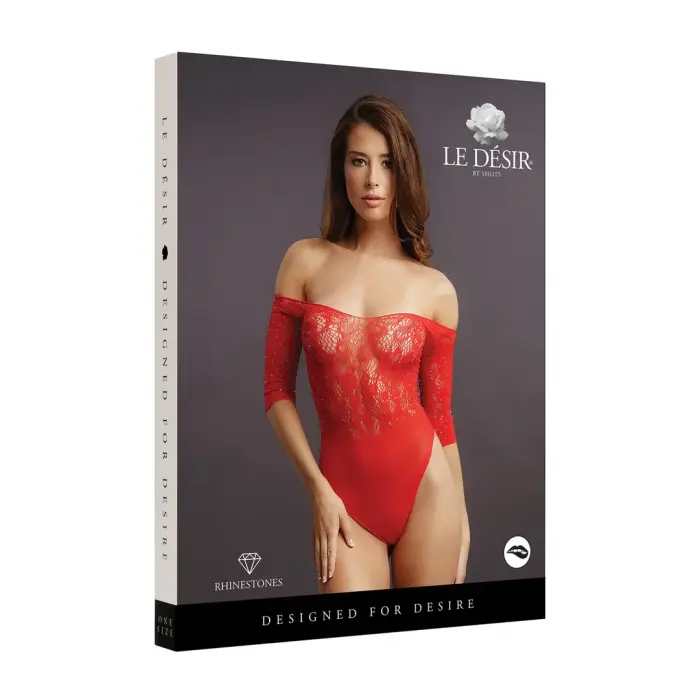 Crotchless Rhinestone Bodysuit – Red – One Size