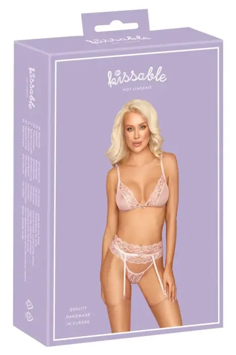 Kissable Rose Three-Piece Lingerie Set with Suspenders and Lace Details – L/XL – Pink