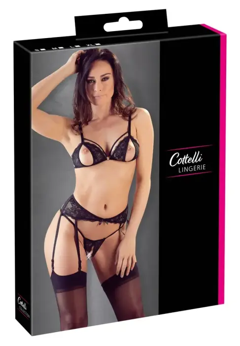 Lace Suspender Set with Floral Detail – Black – M
