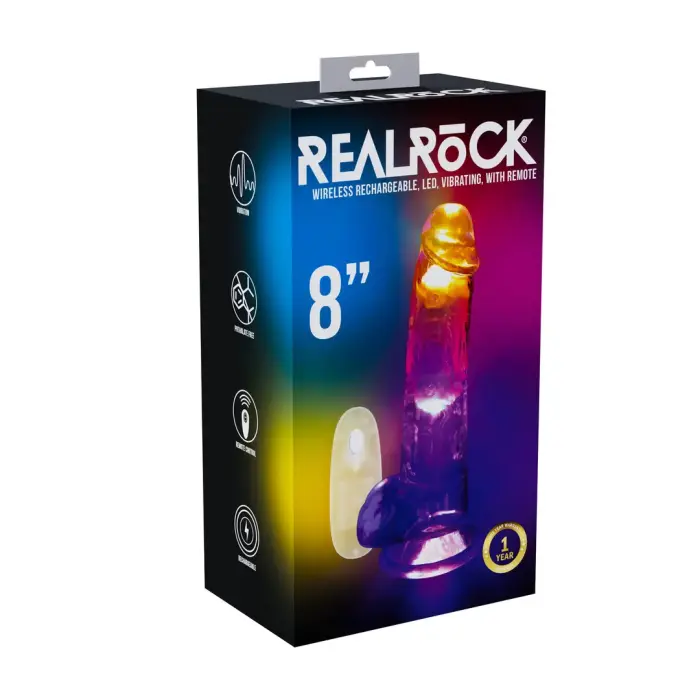 RealRock LED vibreeriv sirge dildo iminapaga – 20 cm (8″) – läbipaistev