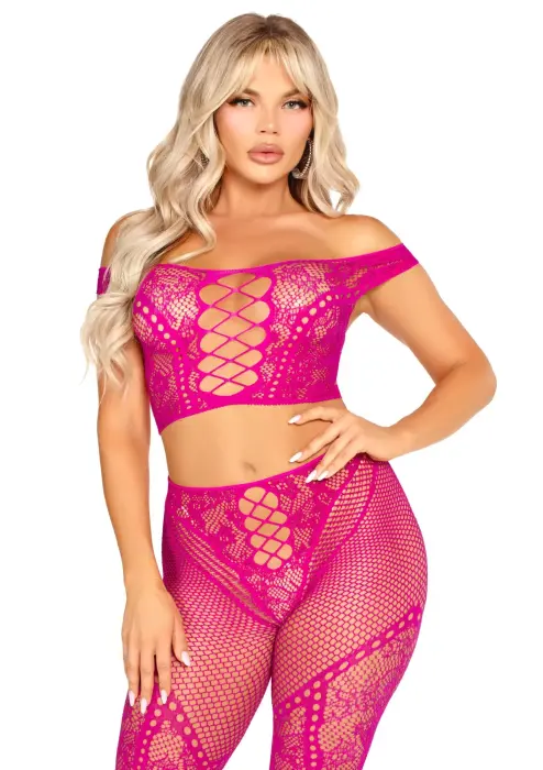 Off-Shoulder Crop Top and Legging Set – Pink – One Size