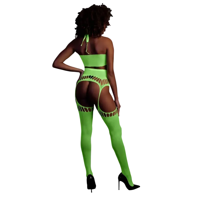 Two Piece Set with Crop Top and Stockings – Neon Green – One Size Photo