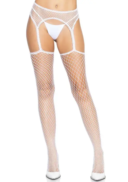 Leg Avenue tīkliņa zeķes ar pievienotu zeķturi – baltas – One Size