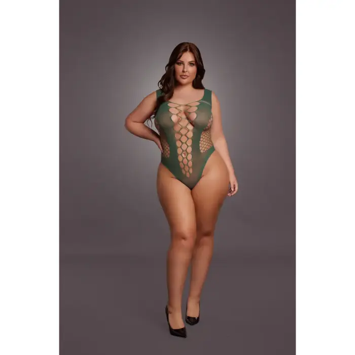 Bodijs ar dziļu V-izgriezumu un necaurspīdīgiem dekoriem – Queen Size Foto 3