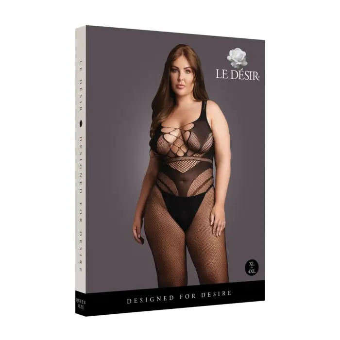 Сетчатое боди с акцентированными линиями – чёрное – Plus size