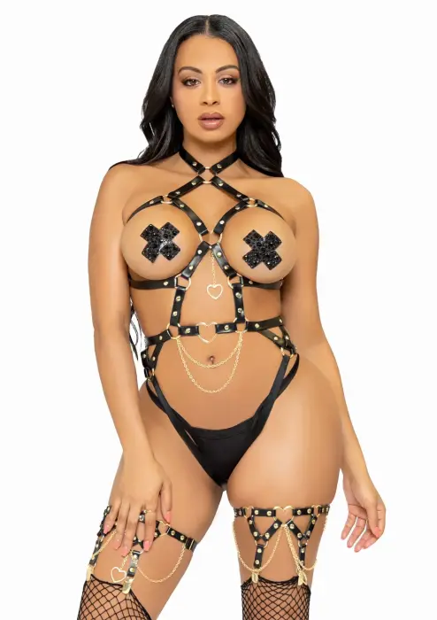 Vegan Leather Harness Bodysuit – Black – S