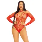 Crotchless Fishnet Teddy with Lace-Up Detail – Red – One Size — Photo 1