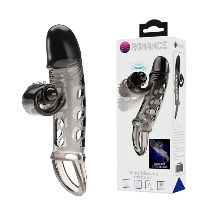 ROMANCE - TPE Penis Sleeve with Vibrator – Black