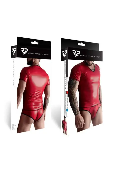 Vīriešu wet look T-krekls ar V-izgriezumu, brazīliešu biksīšu komplekts – sarkans – S Foto 5