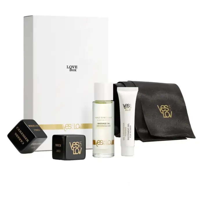 YESforLOV Love Box sensual gift set – massage oil, gel, edible message gel, feather