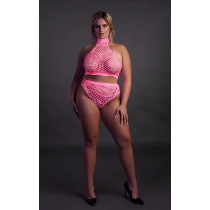 Neon rozā augstās apkakles topiņa un biksīšu komplekts – Plus size Foto 3