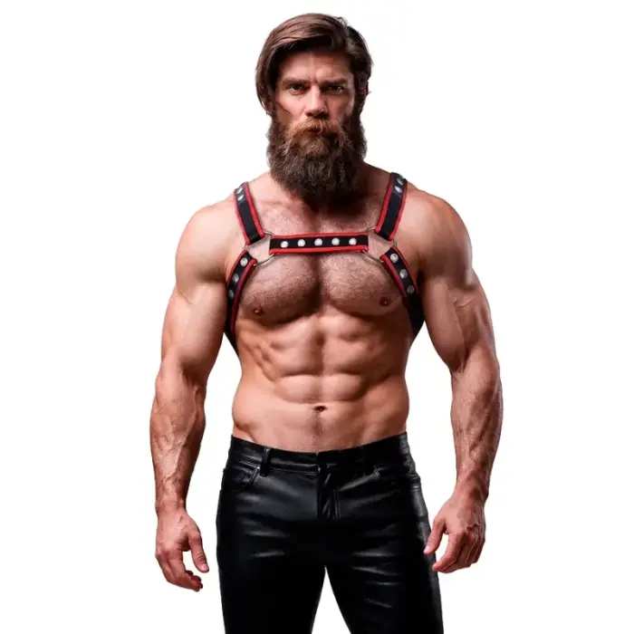 Fetish Submissive Attitude – Bulldog eco-leather chest harness – black/red – one size