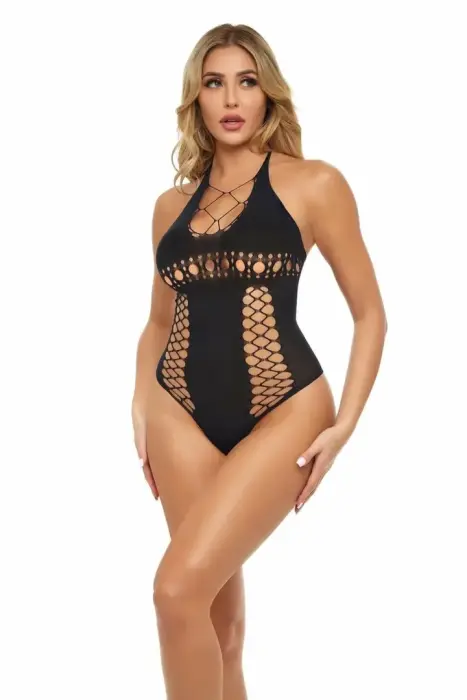 Hot Too Handle Bodysuit – halter-kaelusega elastne nailonbody – must – OS