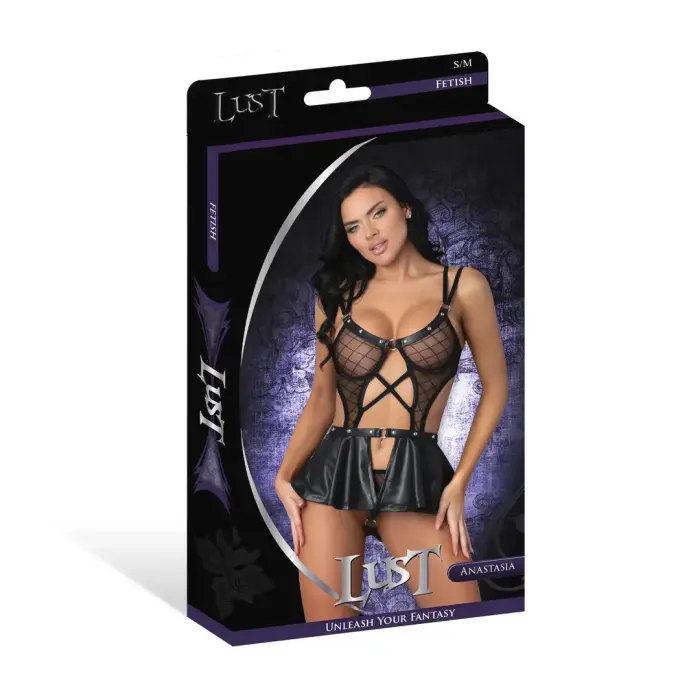 Anastasia Cami Skirt Panty and Bra Set with Open Crotch, Rings and Studs – Black – L/XL