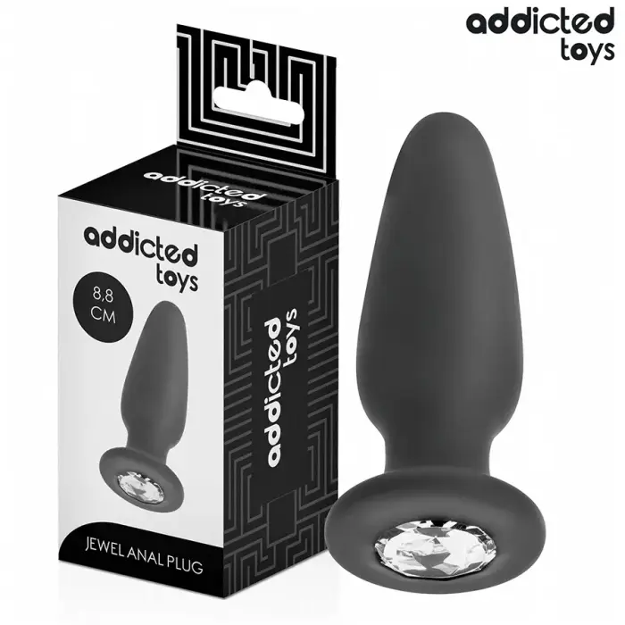 Addicted Toys silikoninis analinis kištukas S su dekoratyviniu akmeniu – 8.8 cm – Juodas