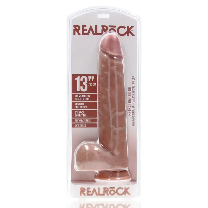 Īpaši liels taisns dildo ar sēkliniekiem – 33 cm (13″) – Miesas krāsa
