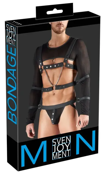 Svenjoyment Bondage vīriešu komplekts – īss tops, iejūgs, džoks, 4 aproces – melns – L