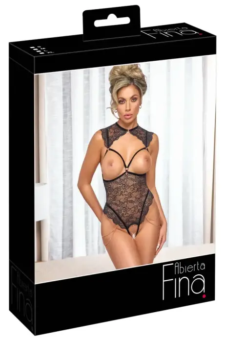 Abierta Fina Lace Bodysuit with Open Cups and Crotchless Design – Black – L