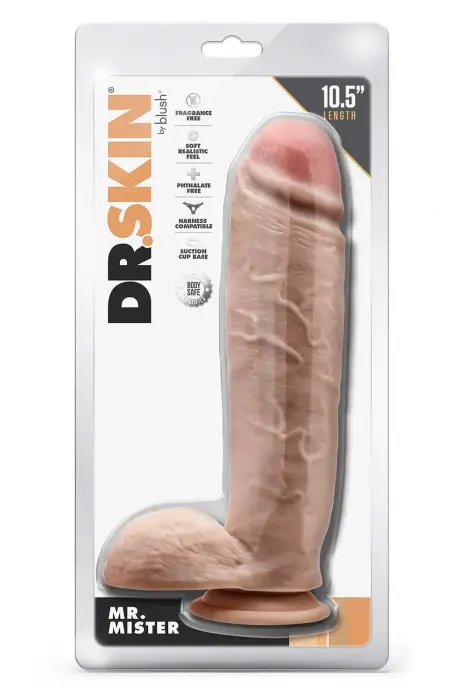 DR. SKIN Mr. Mister dildo ar sēkliniekiem – 28 cm (11″) – Miesas krāsa