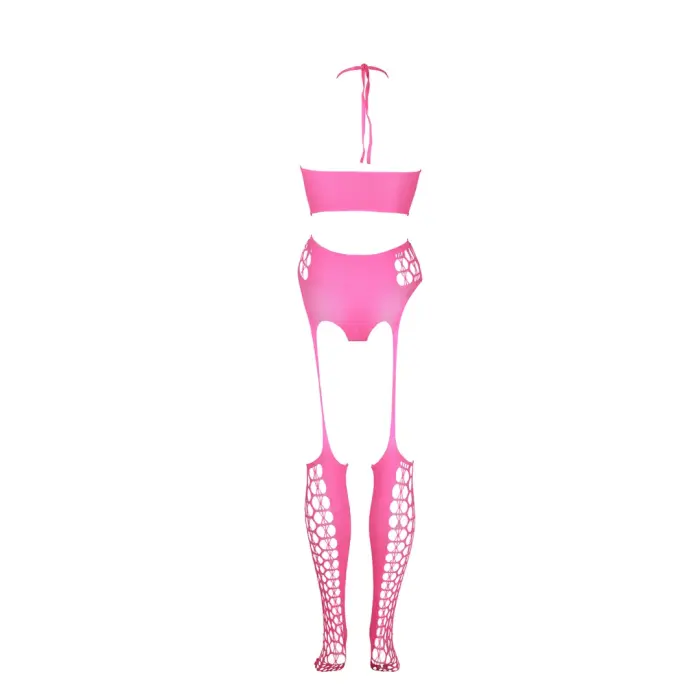 Two Piece Crop Top and Stockings Set – Neon Pink – Plus Size Photo