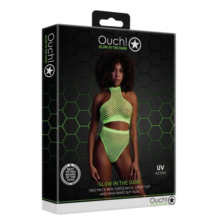 Turtle Neck Crop Top and High Waist Panty Set – Neon Green – One Size