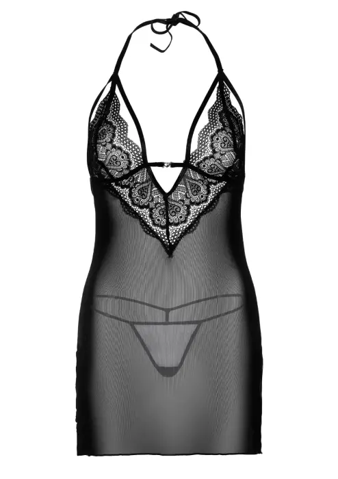 Siksniņu mežģīņu babydoll naktskrekls un stringi – melns – L/XL Foto 7