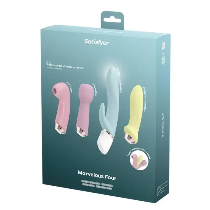 Satisfyer Marvelous Four – komplekts ar 4 maināmiem uzgaļiem (gaisa pulsa stimulators, trusis, viļņu vibrators, anālais vibrators) un 1 rokturi