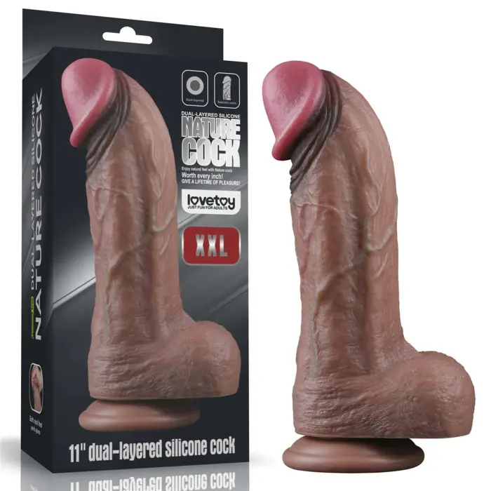 LoveToy – divslāņu silikona dildo XXL – reālistisks liels dildo ar piesūcekni un sēkliniekiem – 27,9 cm (11'')