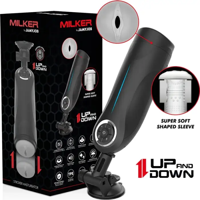 Jamyjob Milker Intimate Machine aukštyn ir žemyn judesių vandeniui atsparus TPE masturbatorius – 27 cm – juodas