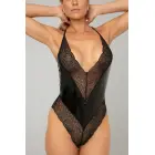 Christine le Duc Gianna – wetlook body, deep V neck, lace front & back – black – S/M — Photo 1