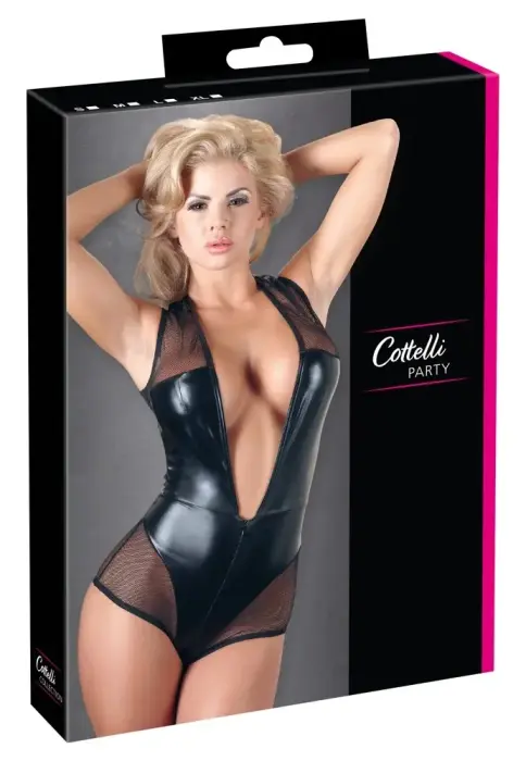Cottelli Collection Black Wet Look Mesh Bodysuit with Front Zipper – M
