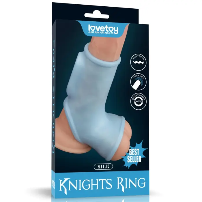 LoveToy Vibrating Silk Knights Ring – with scrotum sleeve – blue – TPE