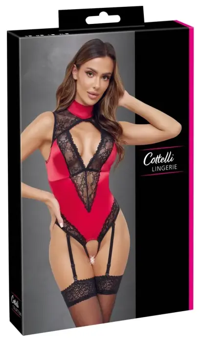 Cottelli Lingerie Satin & Lace Bodysuit – Red/Black – S