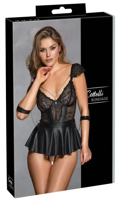 Cottelli Bondage – babydoll-komplekt avatud jalgevahega stringide ja käeraudadega – must – M